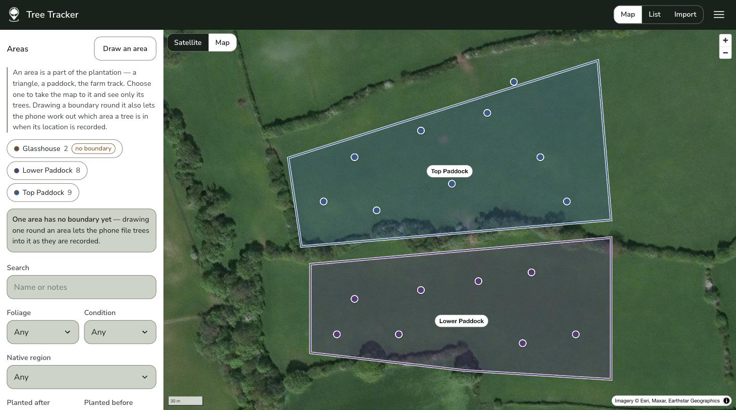 The website: the collection on a satellite map beside a table of trees.